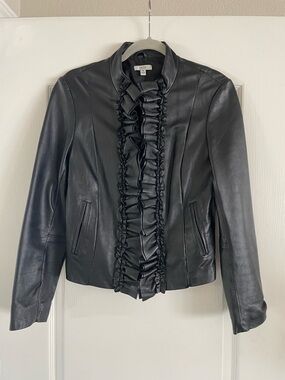 Cache Black buttery Leather Ruffle-Front Jacket, Size M, Y2K